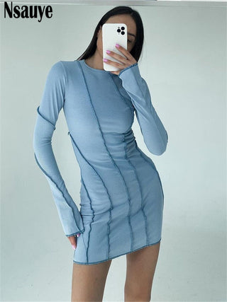 Nsauye Sexy Club Ribber Knitted Y2K Mini Bodycon Party Women Dress Autumn Striped O Neck Long Sleeve Fashion Dress 2023 ALODIA STORE