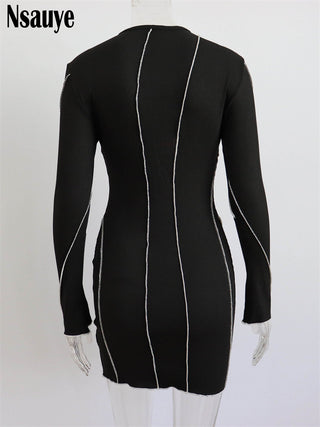 Nsauye Sexy Club Ribber Knitted Y2K Mini Bodycon Party Women Dress Autumn Striped O Neck Long Sleeve Fashion Dress 2023 ALODIA STORE