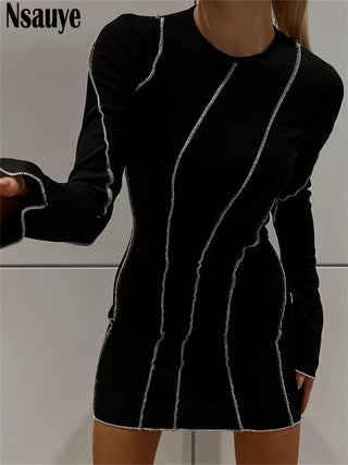 Nsauye Sexy Club Ribber Knitted Y2K Mini Bodycon Party Women Dress Autumn Striped O Neck Long Sleeve Fashion Dress 2023 ALODIA STORE
