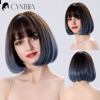 Green Short Bob Hair Synthetic Wig For Woman With Bangs Blonde Ombre Pink Cosplay Lolita Party Heat Resistant Daily Natural Hair ALODIA STORE