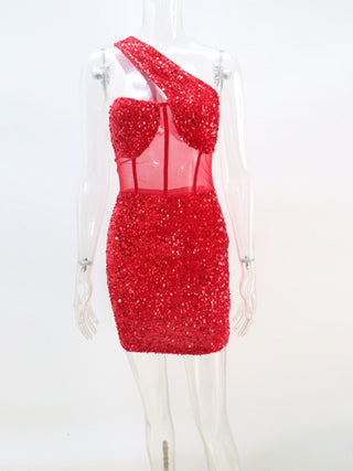 Kricesseen Sexy Glitter Sequined Mesh Patchwork Mini Dress Summer Women Sleeveless One Shoulder Bodycon Night Clubwear Dress ALODIA STORE