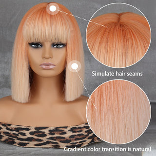 WERD Short Orange Straight Bob Wig Synthetic Wigs For Women With Bangs Daily Cosplay Hair Heat Resistant ALODIA STORE