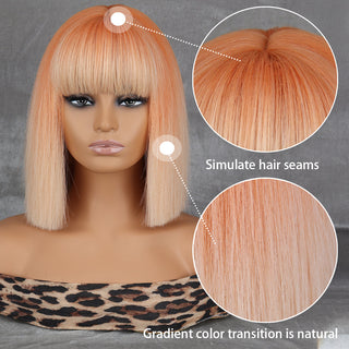 WERD Short Orange Straight Bob Wig Synthetic Wigs For Women With Bangs Daily Cosplay Hair Heat Resistant ALODIA STORE