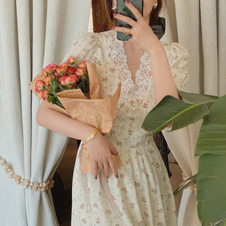 Vintage Floral Dress Elegant Lace Chiffo ALODIA STORE