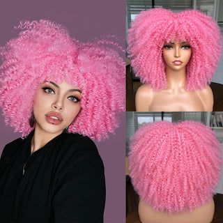 Short Afro Kinky Curly Wig With Bangs For Black Women Cosplay Lolita Natural Hair Ombre Mixed Brown Synthetic African Wigs ALODIA STORE