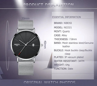 NIBOSI Ultra Thin Fashion Men Watch Top Luxury Brand Business Quartz Watches Waterproof Sports Watch Men Clock Relogio Masculino ALODIA STORE