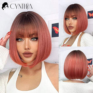 Green Short Bob Hair Synthetic Wig For Woman With Bangs Blonde Ombre Pink Cosplay Lolita Party Heat Resistant Daily Natural Hair ALODIA STORE