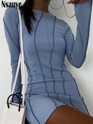 Nsauye Sexy Club Ribber Knitted Y2K Mini Bodycon Party Women Dress Autumn Striped O Neck Long Sleeve Fashion Dress 2023 ALODIA STORE