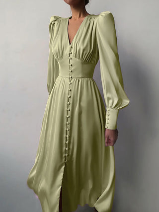 OOTN White Single Breasted Elegant Dress For Women Party Robe High Waist Satin Long Dress Chic Midi Dresses Lantern Sleeve ALODIA STORE