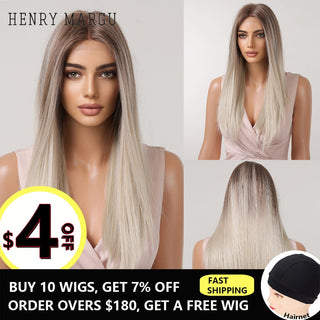 HENRY MARGU Long Straight Lace Front Synthetic Wigs Brown Blonde Platinum Wigs for White Women Middle Part Daily Heat Resistant ALODIA STORE