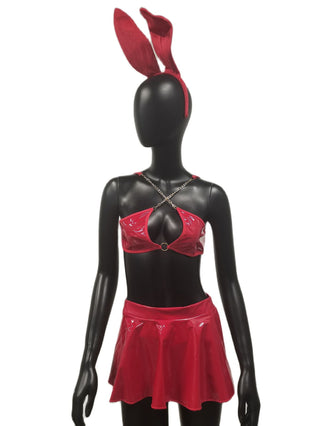 Sexy Lingerie Set Women Rabbit Ears Patent Leather Erotic Lingerie Sexy Uniform Rabbit Metal Chain Nightclub Lingerie Clothing ALODIA STORE