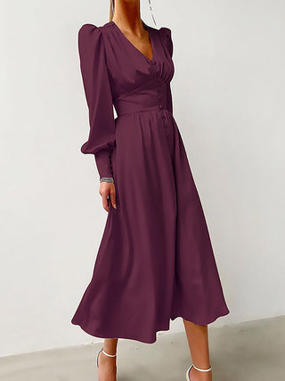 OOTN White Single Breasted Elegant Dress For Women Party Robe High Waist Satin Long Dress Chic Midi Dresses Lantern Sleeve ALODIA STORE