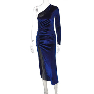 New Solid Long Sleeve One Shoulder Ruched Slit Velvet Midi Dress Sexy Party Club Elegant Bodycon Dresses Femme Robe Longue ALODIA STORE
