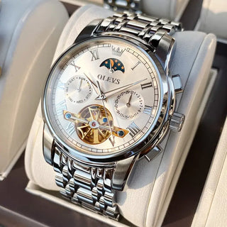OLEVS Men Watch Automatic Mechanical Watch Stianless Top Brand Luxury Moon phase SkeletonTourbillon Wristwatch Reloj hombres ALODIA STORE