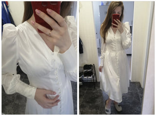 OOTN White Single Breasted Elegant Dress For Women Party Robe High Waist Satin Long Dress Chic Midi Dresses Lantern Sleeve ALODIA STORE