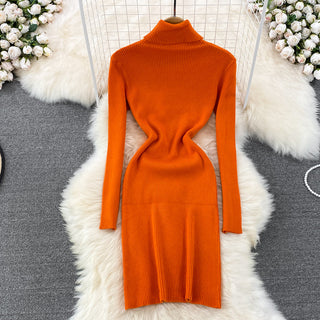 Elegant Turtleneck Long Sleeve Knit Bodycon Pencil Dress Slim Basic Fashion Sweater Vestido Sexy Women Autumn Winter Clothing ALODIA STORE