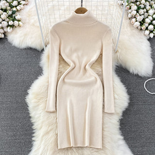 Elegant Turtleneck Long Sleeve Knit Bodycon Pencil Dress Slim Basic Fashion Sweater Vestido Sexy Women Autumn Winter Clothing ALODIA STORE