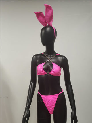 Sexy Lingerie Set Women Rabbit Ears Patent Leather Erotic Lingerie Sexy Uniform Rabbit Metal Chain Nightclub Lingerie Clothing ALODIA STORE