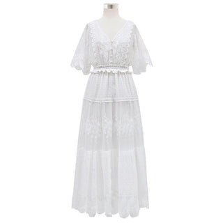Hollow Out White Dress Sexy Women Long Lace Dress Cross Semi-Sheer Plunge V-Neck Short Sleeve Lace Maxi Dress Simple Solid ALODIA STORE