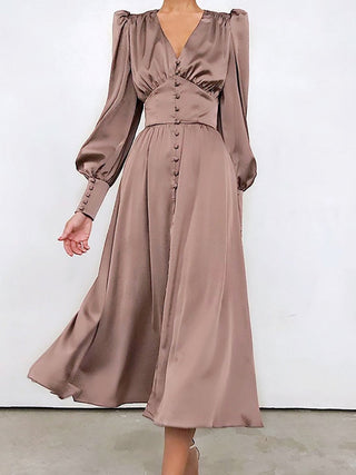 OOTN White Single Breasted Elegant Dress For Women Party Robe High Waist Satin Long Dress Chic Midi Dresses Lantern Sleeve ALODIA STORE
