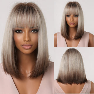 Pelucas sintéticas cortas y rectas para mujeres, cabello falso resistente al calor, Rubio a marrón, Ombre, Bob con flequillo, fiesta de Cosplay diaria ALODIA STORE