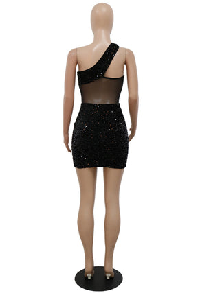 Kricesseen Sexy Glitter Sequined Mesh Patchwork Mini Dress Summer Women Sleeveless One Shoulder Bodycon Night Clubwear Dress ALODIA STORE