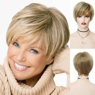 GNIMEGIL Synthetic Hair Blonde Wig with Bangs Natural Short Wig for White Woman High Temperature Blond Ombre Mommy Wig for Daily ALODIA STORE