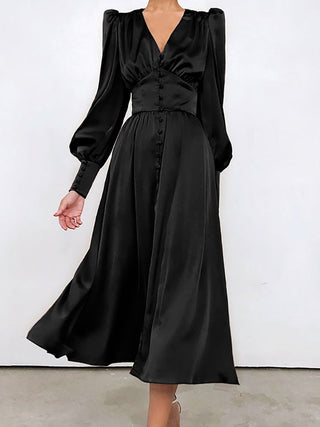 OOTN White Single Breasted Elegant Dress For Women Party Robe High Waist Satin Long Dress Chic Midi Dresses Lantern Sleeve ALODIA STORE