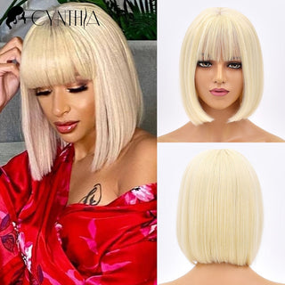Green Short Bob Hair Synthetic Wig For Woman With Bangs Blonde Ombre Pink Cosplay Lolita Party Heat Resistant Daily Natural Hair ALODIA STORE
