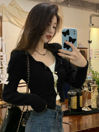 Korean Fashion Solid Slim Knitted Cardigan for Women 2023 New In Autumn Casual Sexy Sweater Cropped Top Y2k 2000s Clothes ALODIA STORE