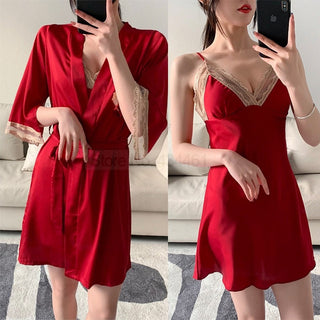 Satin Robe Set Sexy Female Sleepwear Summer Kimono Bathrobe Lace Trim Bride Bridesmaid Dressing Gown Casual Nightgown ALODIA STORE