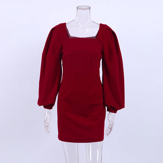 Mnealways18 Evening Puff Sleeve Women Velvet Dress Winter Black Sexy Bodycon Dress Square Collar Mini Party Dresses Elegant 2023 ALODIA STORE