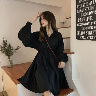 QWEEK Shirt Dress Women Korean Style Polo Collar Black ALODIA STORE
