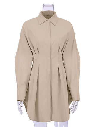 Mnealways18 Spring Summer Bodycon Dress Women Khaki Long Sleeve Pleated Shirt Dress Office Ladies Solid Lapel Casual Mini Dresss ALODIA STORE