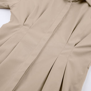Mnealways18 Spring Summer Bodycon Dress Women Khaki Long Sleeve Pleated Shirt Dress Office Ladies Solid Lapel Casual Mini Dresss ALODIA STORE
