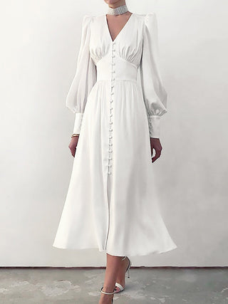 OOTN White Single Breasted Elegant Dress For Women Party Robe High Waist Satin Long Dress Chic Midi Dresses Lantern Sleeve ALODIA STORE