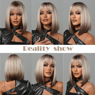 Pelucas sintéticas cortas y rectas para mujeres, cabello falso resistente al calor, Rubio a marrón, Ombre, Bob con flequillo, fiesta de Cosplay diaria ALODIA STORE