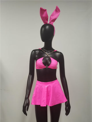 Sexy Lingerie Set Women Rabbit Ears Patent Leather Erotic Lingerie Sexy Uniform Rabbit Metal Chain Nightclub Lingerie Clothing ALODIA STORE