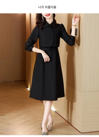 Korean Fashion Casual Two Piece Set Women Elegant Loose Vest CropTops + Long Sleeve Slim Shirt Dress Woman Femme 2 Piece Outfits ALODIA STORE