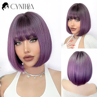 Green Short Bob Hair Synthetic Wig For Woman With Bangs Blonde Ombre Pink Cosplay Lolita Party Heat Resistant Daily Natural Hair ALODIA STORE