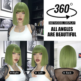 Green Short Bob Hair Synthetic Wig For Woman With Bangs Blonde Ombre Pink Cosplay Lolita Party Heat Resistant Daily Natural Hair ALODIA STORE