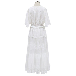 Hollow Out White Dress Sexy Women Long Lace Dress Cross Semi-Sheer Plunge V-Neck Short Sleeve Lace Maxi Dress Simple Solid ALODIA STORE