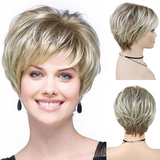 GNIMEGIL Synthetic Hair Blonde Wig with Bangs Natural Short Wig for White Woman High Temperature Blond Ombre Mommy Wig for Daily ALODIA STORE