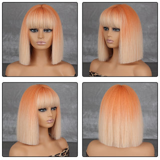 WERD Short Orange Straight Bob Wig Synthetic Wigs For Women With Bangs Daily Cosplay Hair Heat Resistant ALODIA STORE