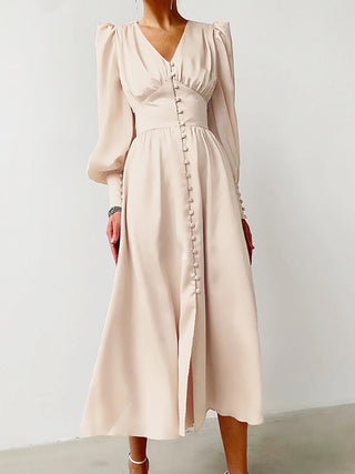 OOTN White Single Breasted Elegant Dress For Women Party Robe High Waist Satin Long Dress Chic Midi Dresses Lantern Sleeve ALODIA STORE