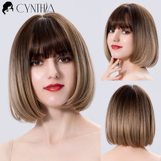 Green Short Bob Hair Synthetic Wig For Woman With Bangs Blonde Ombre Pink Cosplay Lolita Party Heat Resistant Daily Natural Hair ALODIA STORE