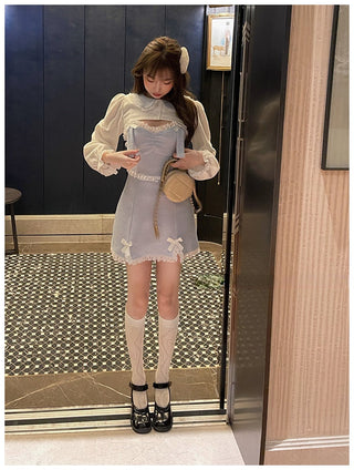Japanese Kawaill Lolita Dress Women Bow Pink Party Mini Fashion 2 Piece Dress Set 2023 Summer ALODIA STORE