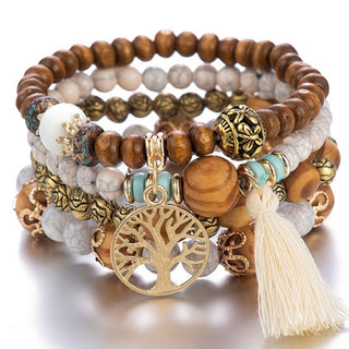 Mexico Bohemian Style Women Accessories Multi-Layer Wooden Beaded Bracelet Tree of Life Tassel Pendant Elastic Bracelet Jewelry Alodia Store