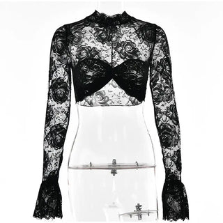 Lace Crochet Crop Top Sexy Womens Flare Long Sleeves O-neck Solid T-shirt 2023 Ladies Fashion Party Club Streetwear Blouse Tops ALODIA STORE
