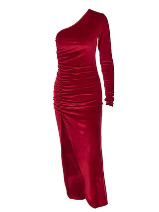 New Solid Long Sleeve One Shoulder Ruched Slit Velvet Midi Dress Sexy Party Club Elegant Bodycon Dresses Femme Robe Longue ALODIA STORE